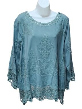 Democracy Embroidered Crochet Lace Boho Blouse Top 3/4 Bell Split Sleeve Size 2X